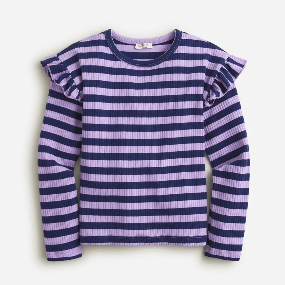 New CREWCUTS Girls Size XL Ruffle-Shoulder Ribbed T-shirt Stripe $39 BT963